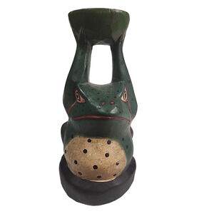 VTG Folk Art Hand Carved Hand Painted Wood Green Frog Toad Candle Holder 7.75"